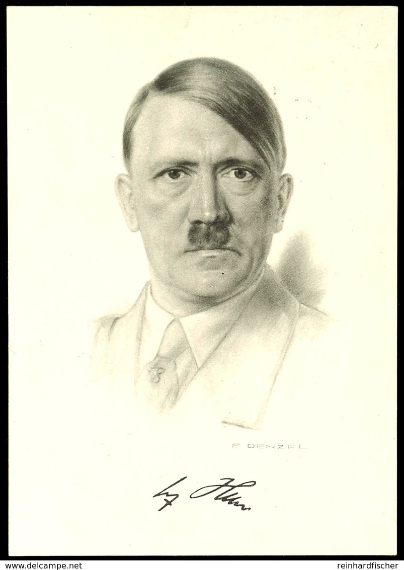 1937, Adolf-Hitler, S/w KDF-Portraitkarte Nach Einer Zeichnung V. E. Denzel, Mit 6 Pfg Hitler Blockeinzelmarke Geschnitt - Autres & Non Classés