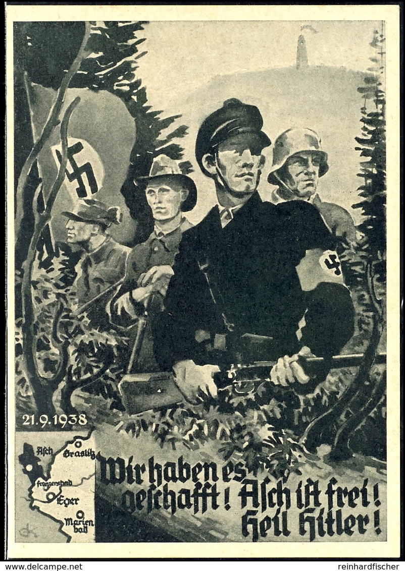 1938, "Wir Haben Es Geschafft! Asch Ist Frei! Heil Hitler!", S/w Propagandakarte, Rücks. Mit CSSR Aufdruckwert 1,2 Kr. U - Autres & Non Classés