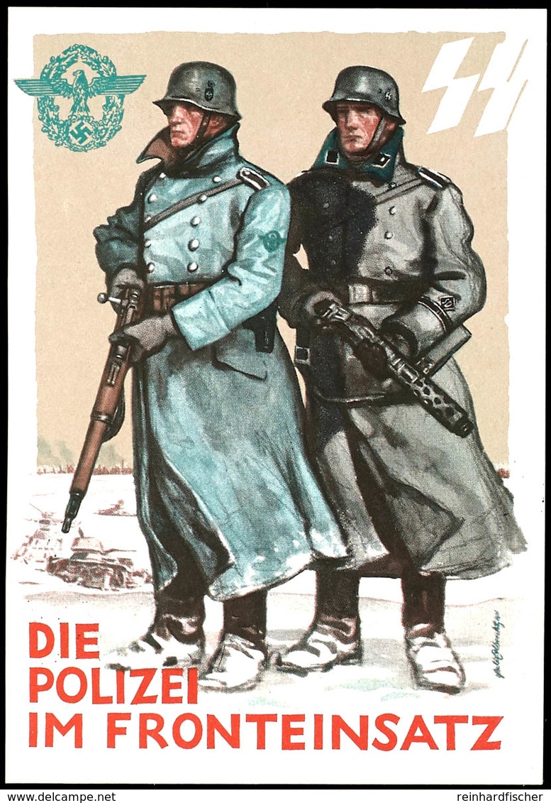 1942, "Die Polizei Im Fronteinsatz", Farbige Karte Zum Tag Der Polizei Mit Abbildung Eines SD- Und SS-Mannes Beim Einsat - Sonstige & Ohne Zuordnung