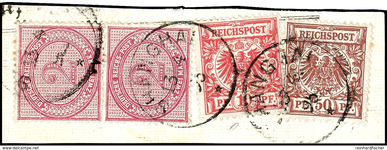 10 Pfennig Adlerausgabe, 50 Pfennig, 2 Mark 2 Werte, Kabinettbriefstück, Michel 400,-, Katalog: V47cV50c,V37 Bs - Deutsche Post In China