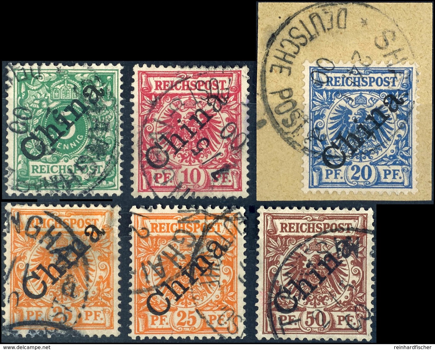5 Bis 50 Pfennig Krone/Adler, 25 Pfennig In Beiden Farben, Gestempelt, Pracht, Michel 270,-, Katalog: 2/6I O - Deutsche Post In China