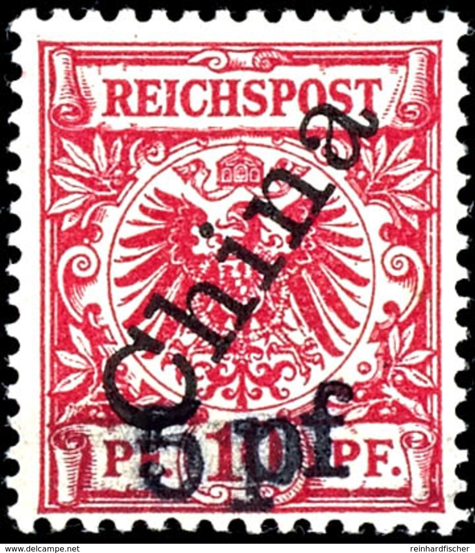 5 Pf. Auf 10 Pfg Krone/Adler Mit Steilaufdruck "China", Sog. Futschau-Provisorium, Postfrisch, Geprüft Pfenniger, Mi. 1. - China (offices)