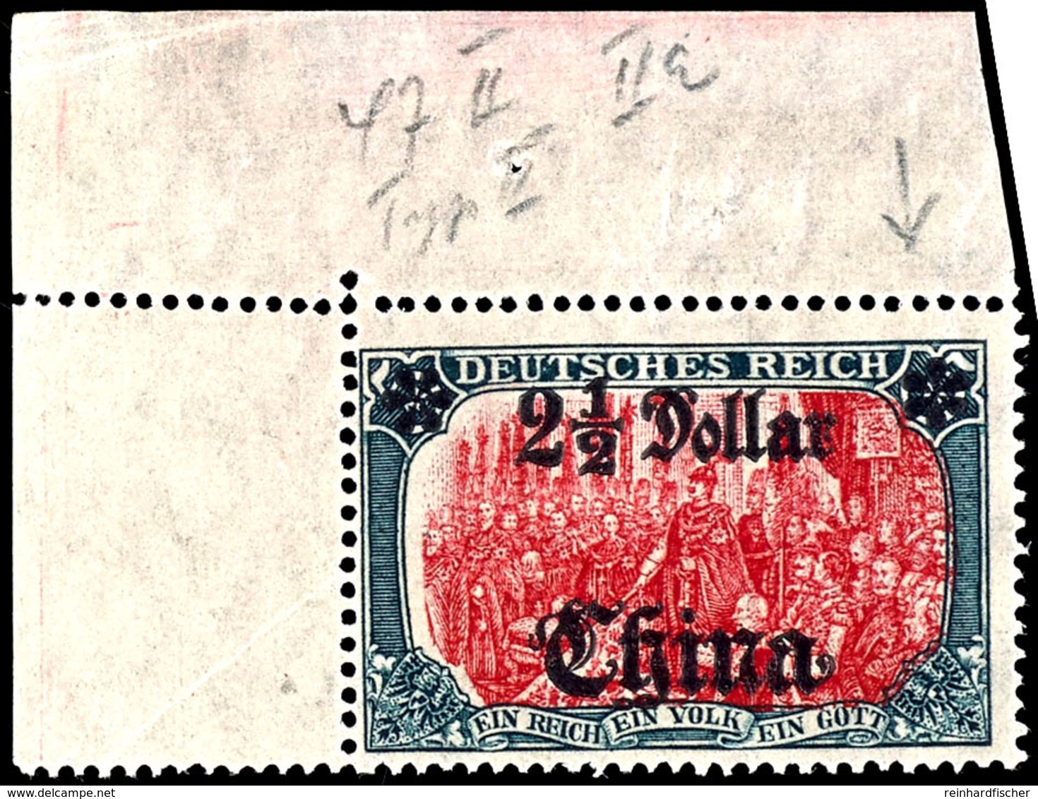 5 Mark Deutsches Reich Mit Aufdruck "China 2 1/2 Dollar", Tadellos Postfrisches Linkes Oberes Eckrandstück Mit Plattenfe - China (offices)