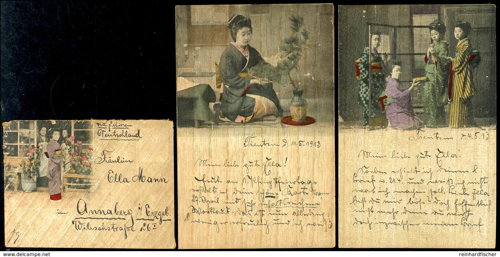 1913, Dekorative Briefe Mit Farbigem Schmuckzudruck "Alltagsszenen", Zwei Briefinhalte Und Ein Kleiner Schmuckumschlag ( - China (offices)