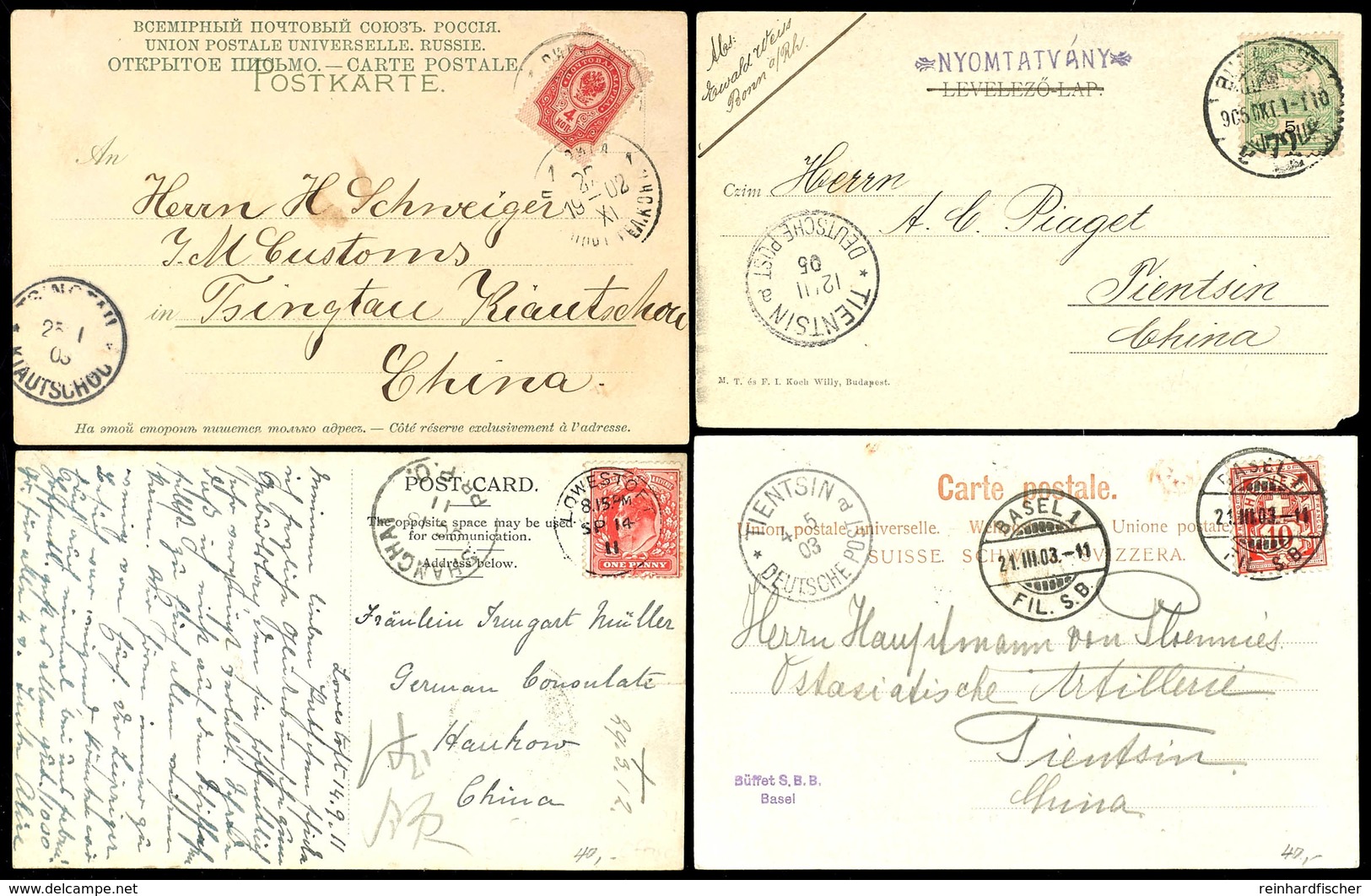 Incoming Mail, 4 Karten Aus England, Russland, Schweiz Und Ungarn Nach China, Pracht  BF - China (offices)