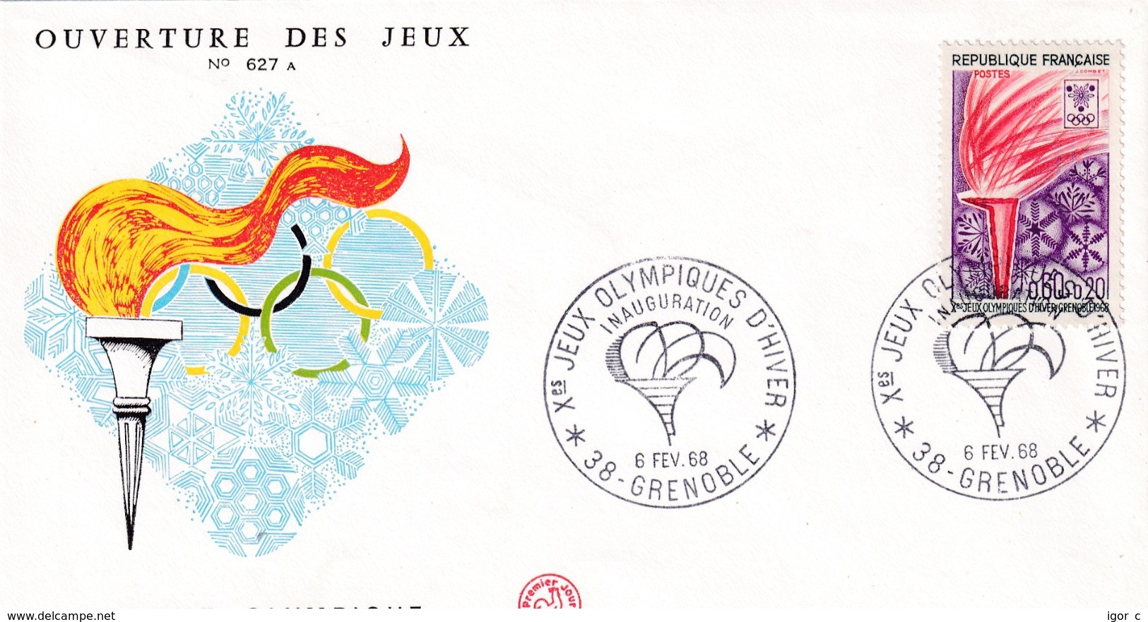 France 1968 Cover; Winter Olympic Games Grenoble Opening Ceremony: Olympic Flame - Winter 1968: Grenoble