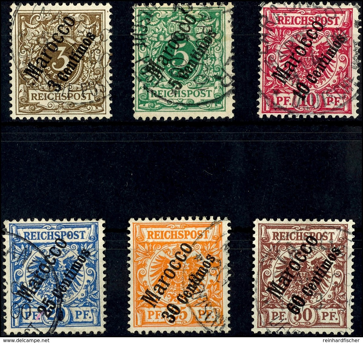 3 C. Auf 3 Pfg - 60 C. Auf 50 Pfg Krone/Adler, 6 Werte Komplett, Rundgestempelt, Kleine Einschränkungen, Die Beiden Höch - Deutsche Post In Marokko