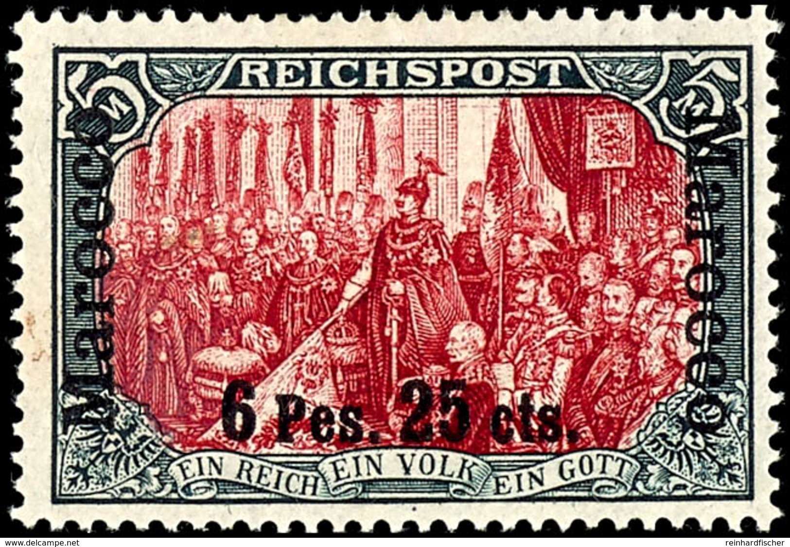 6 P. 25 C. Auf 5 M. Reichspost, Type I/III , Tadellos Ungebraucht, Gepr. Pauligk BPP, Mi. 220.-, Katalog: 19I/III * - Deutsche Post In Marokko