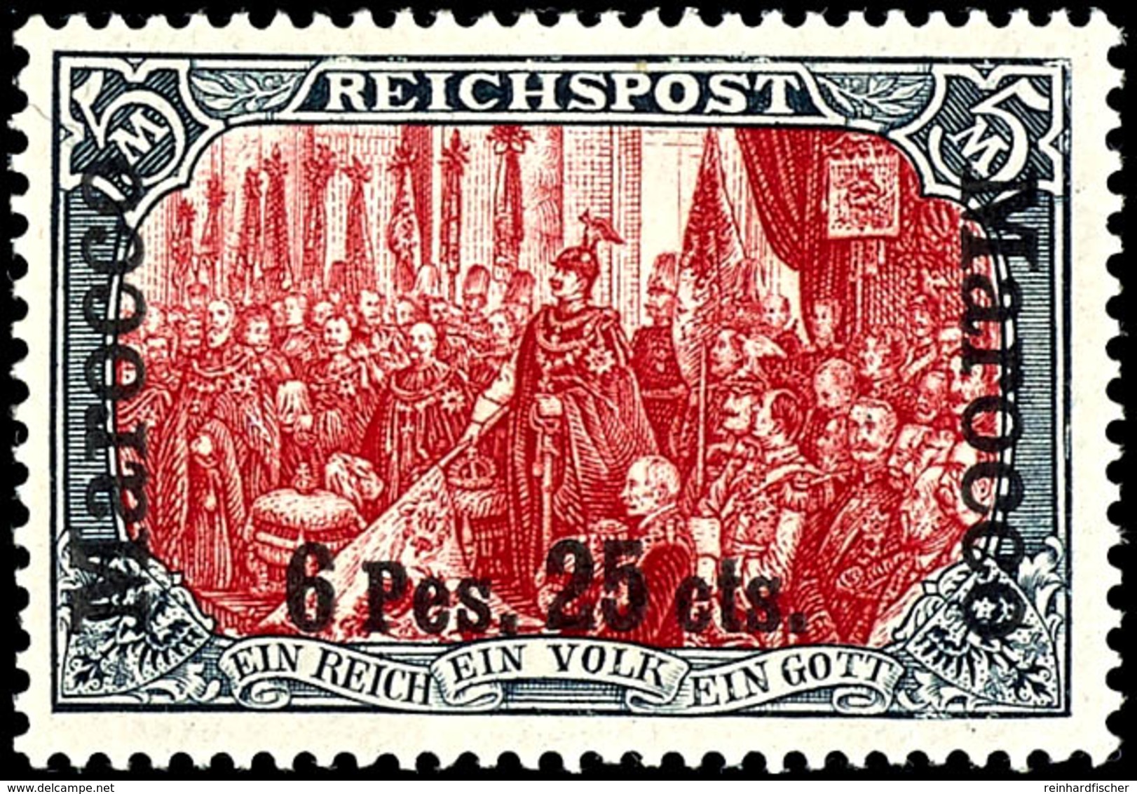 6 Pes. 25 Cts. Auf 5 Mark Reichspost, Fetter Aufdruck, Tadellos Postfrisch, Geprüft Bothe BPP, Michel 600,-, Katalog: 19 - Morocco (offices)