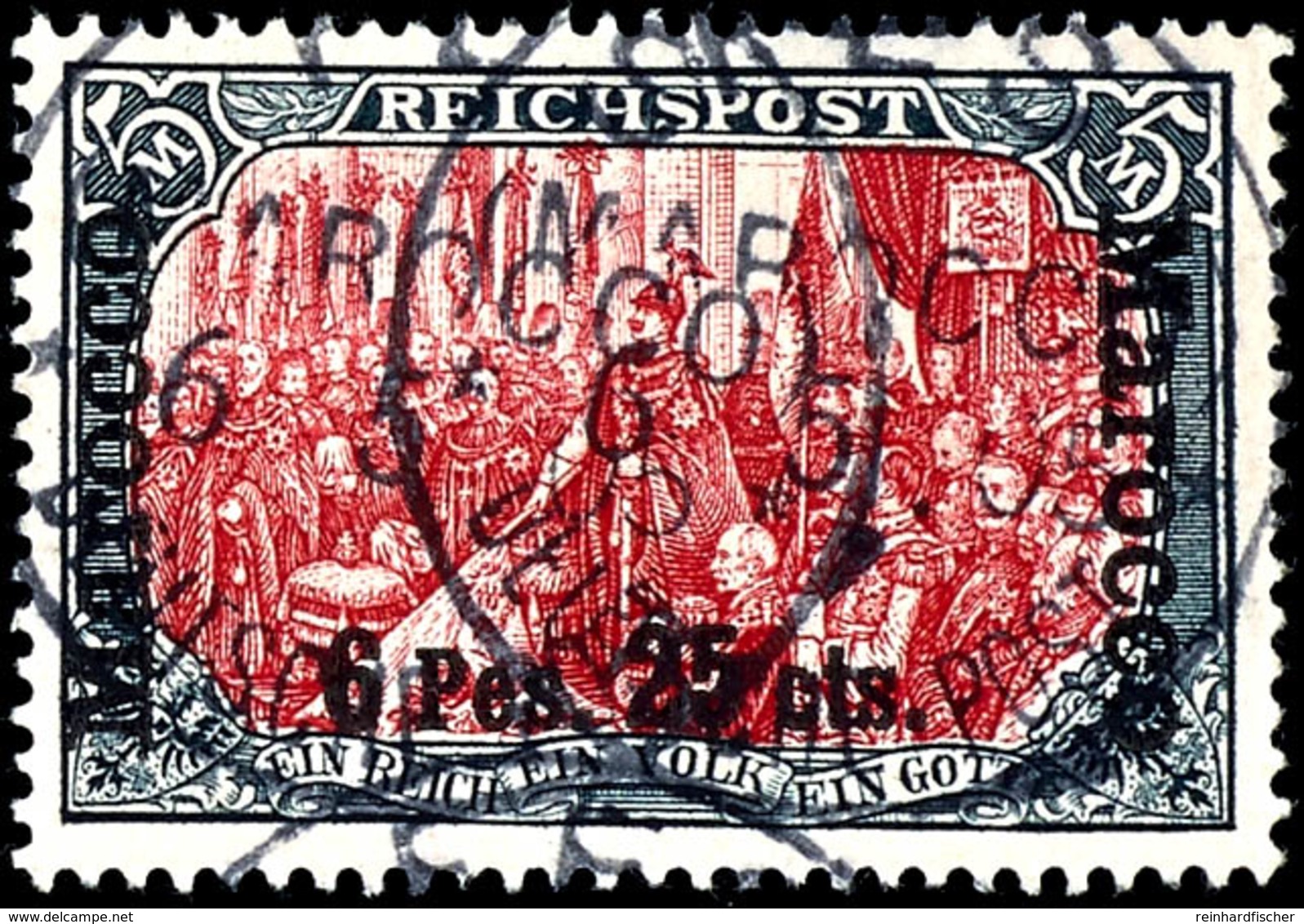 5 Mark Reichspost Mit Aufdruck "Marocco 6 Pes. 25 Cts." In Type II, Tadellose Marke, Gestempelt "FES", Michel  340,-, Ka - Deutsche Post In Marokko