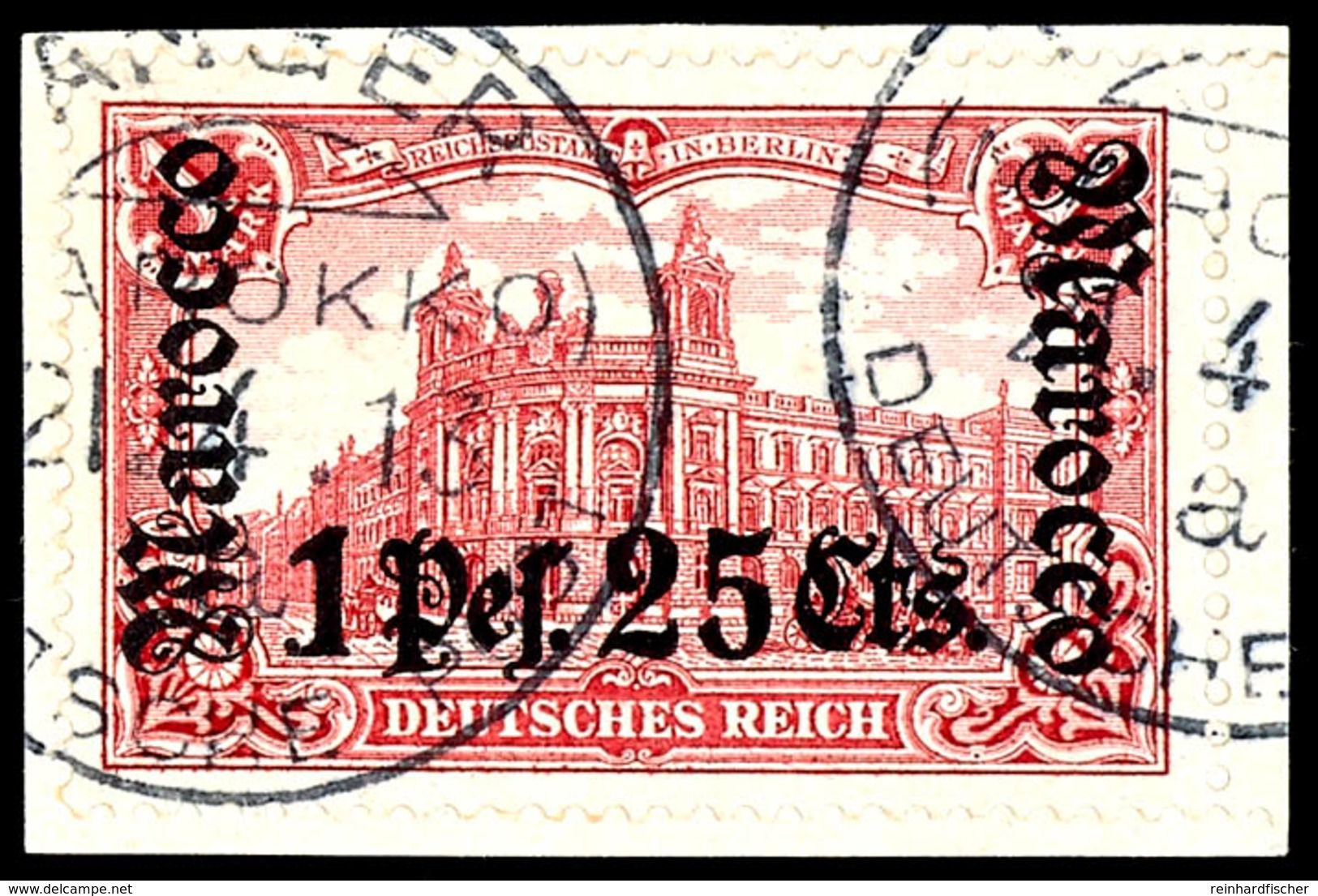 1 P. 25 C. Auf 1 M. Deutsches Reich Ohne Wz., Gezähnt 26:17, Mit Kleinem Rechten Bogenrand Auf Briefstück, Gestempelt KO - Maroc (bureaux)