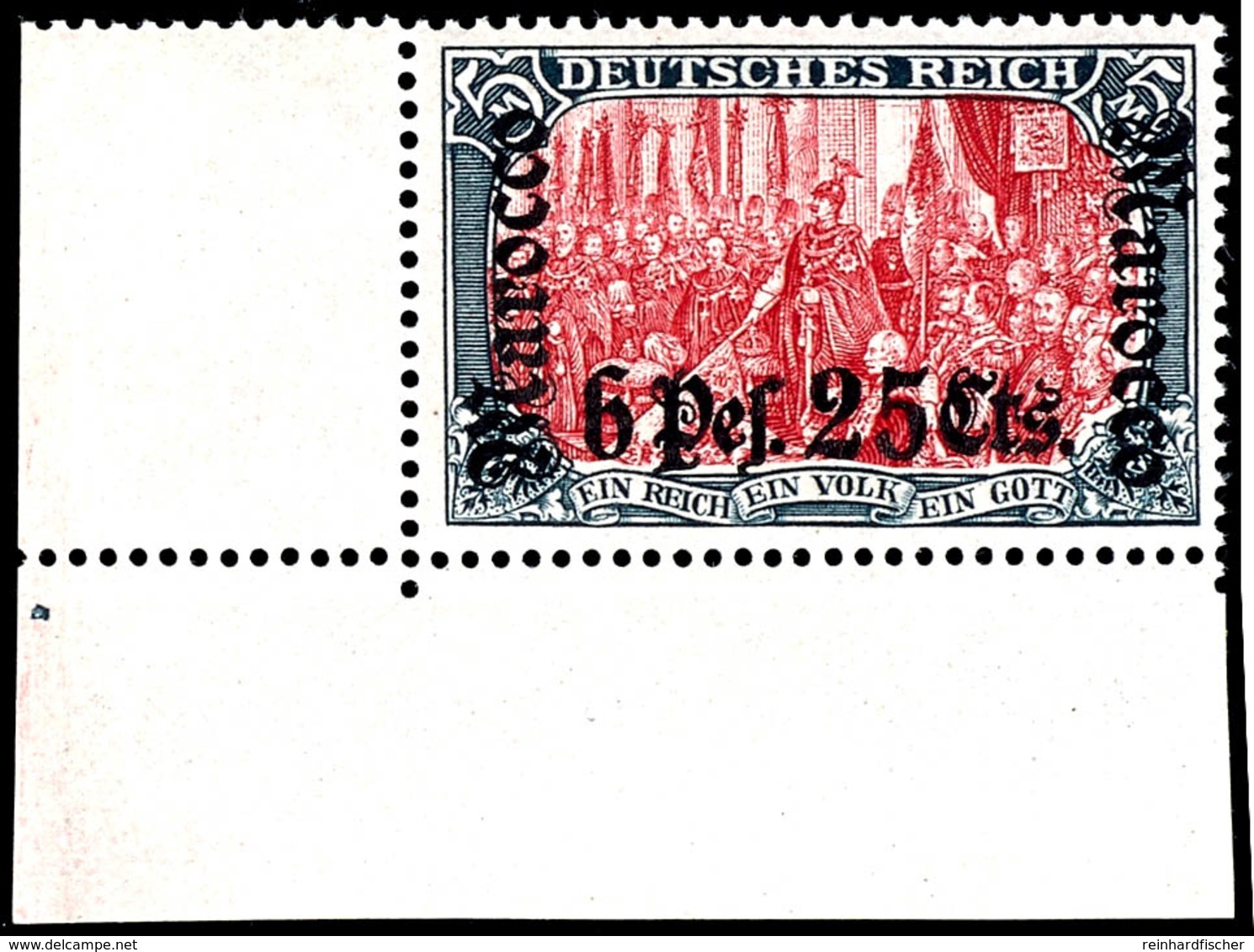 5 Mark Deutsches Reich Ohne Wasserzeichen Mit Aufdruck "Marocco 6 Pes. 25 Cts.", Postfrisches Luxusstück Ohne Signatur V - Deutsche Post In Marokko