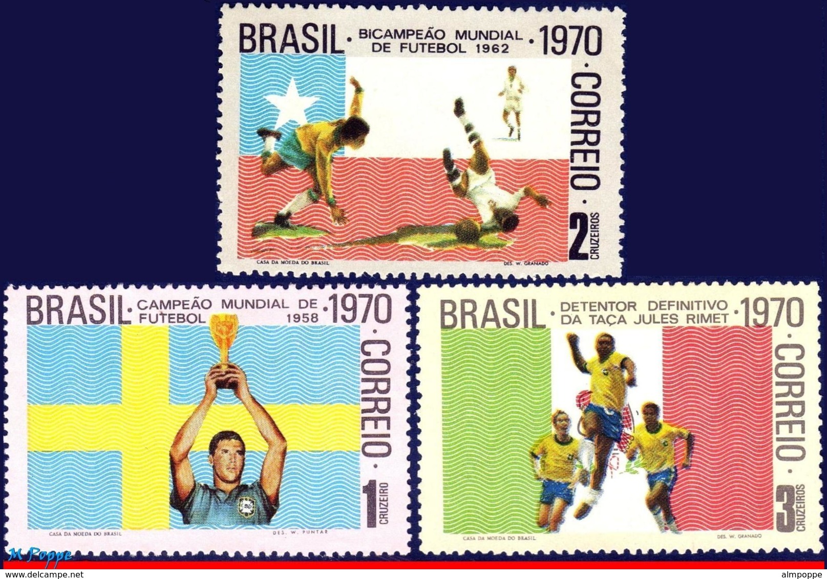 Ref. BR-1167-69 BRAZIL 1970 FOOTBALL SOCCER, WORLD CUP CHAMPIONSHIP,, MEXICO, MI# 1262-64, SET MNH 3V Sc# 1167-1169 - 1970 – Mexique
