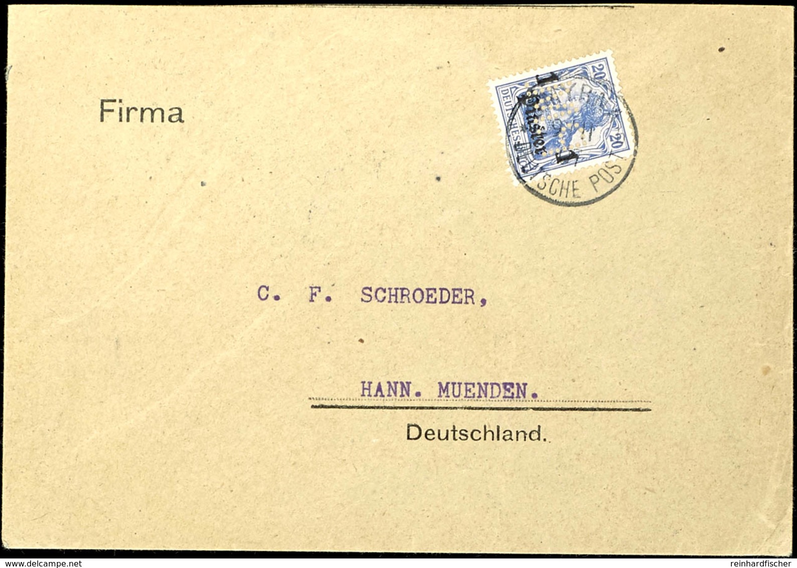 1 Piaster Auf 20 Pfennig Germania, Marke Mit Spiegelverkehrter Lochung P.M. ( Firma Paul Milberg ) Auf Brief Nach Hann.  - Deutsche Post In Der Türkei