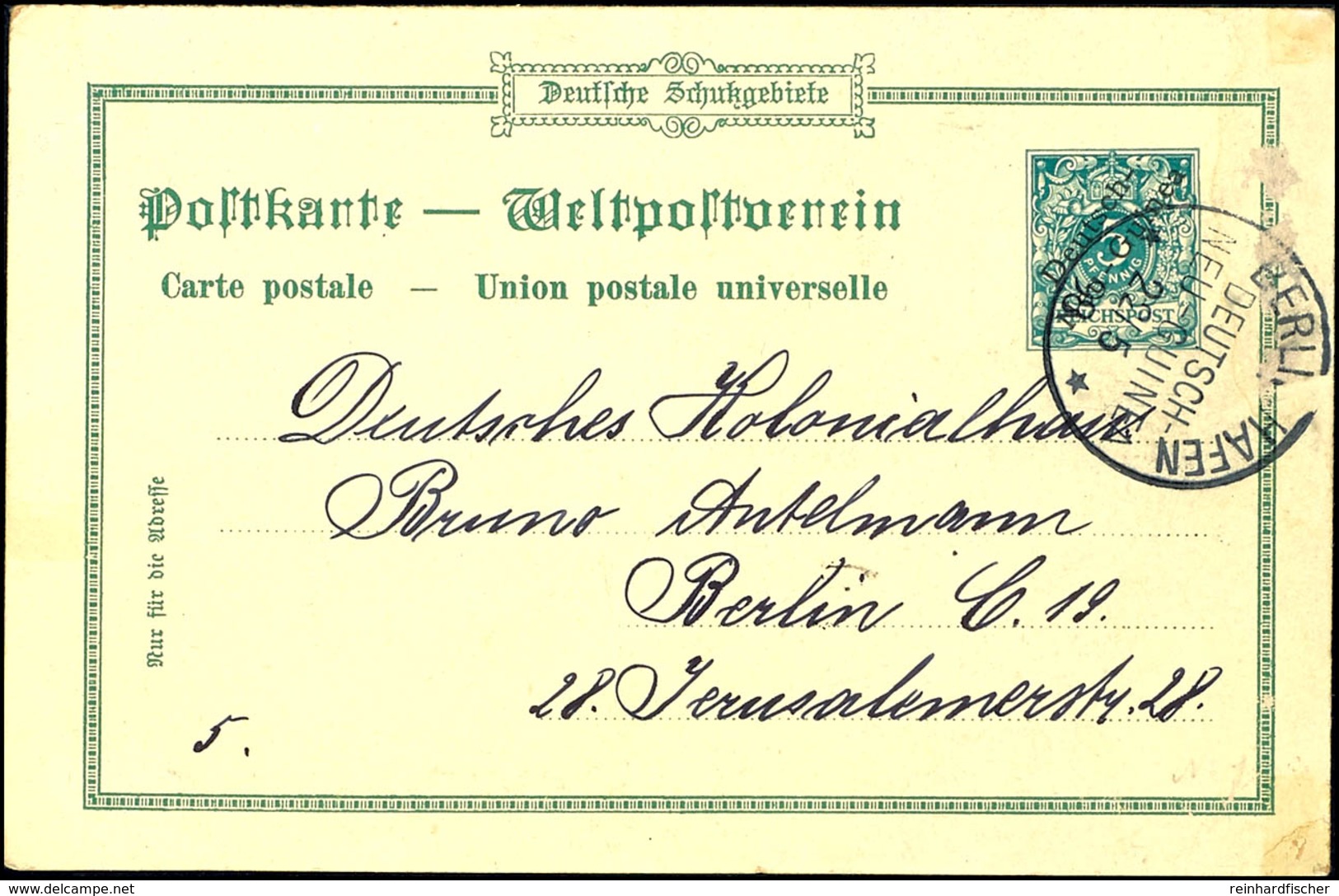 5 Pfg Krone/Adler Privat-Ganzsachenkarte "Gruß Aus Neu-Guinea / Friedrich Wilhelms Hafen" Von K1 "BERLINHAFEN 22/5 98" N - Nouvelle-Guinée