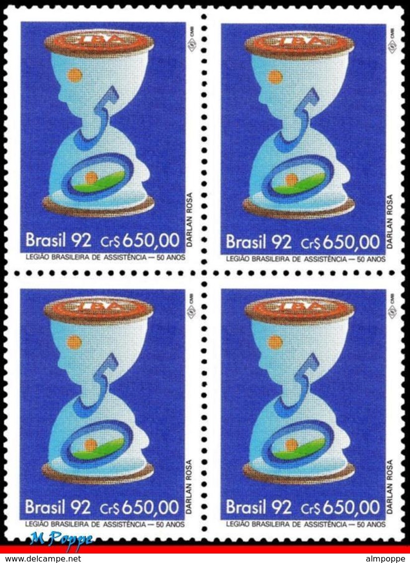 Ref. BR-2389-Q BRAZIL 1992 HEALTH, LBA, BRAZILIAN ASSISTANCE, LEGION, HOURGLASS, MI# 2496, BLOCK MNH 4V Sc# 2389 - Blocks & Kleinbögen