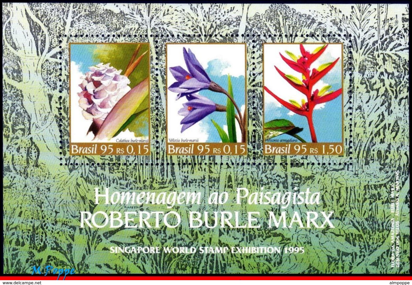 Ref. BR-2547 BRAZIL 1995 FLOWERS, PLANTS, ROBERTO BURLE MARX,, BOTANIST, MI# B98, S/S MNH 3V Sc# 2547 - Blocks & Sheetlets