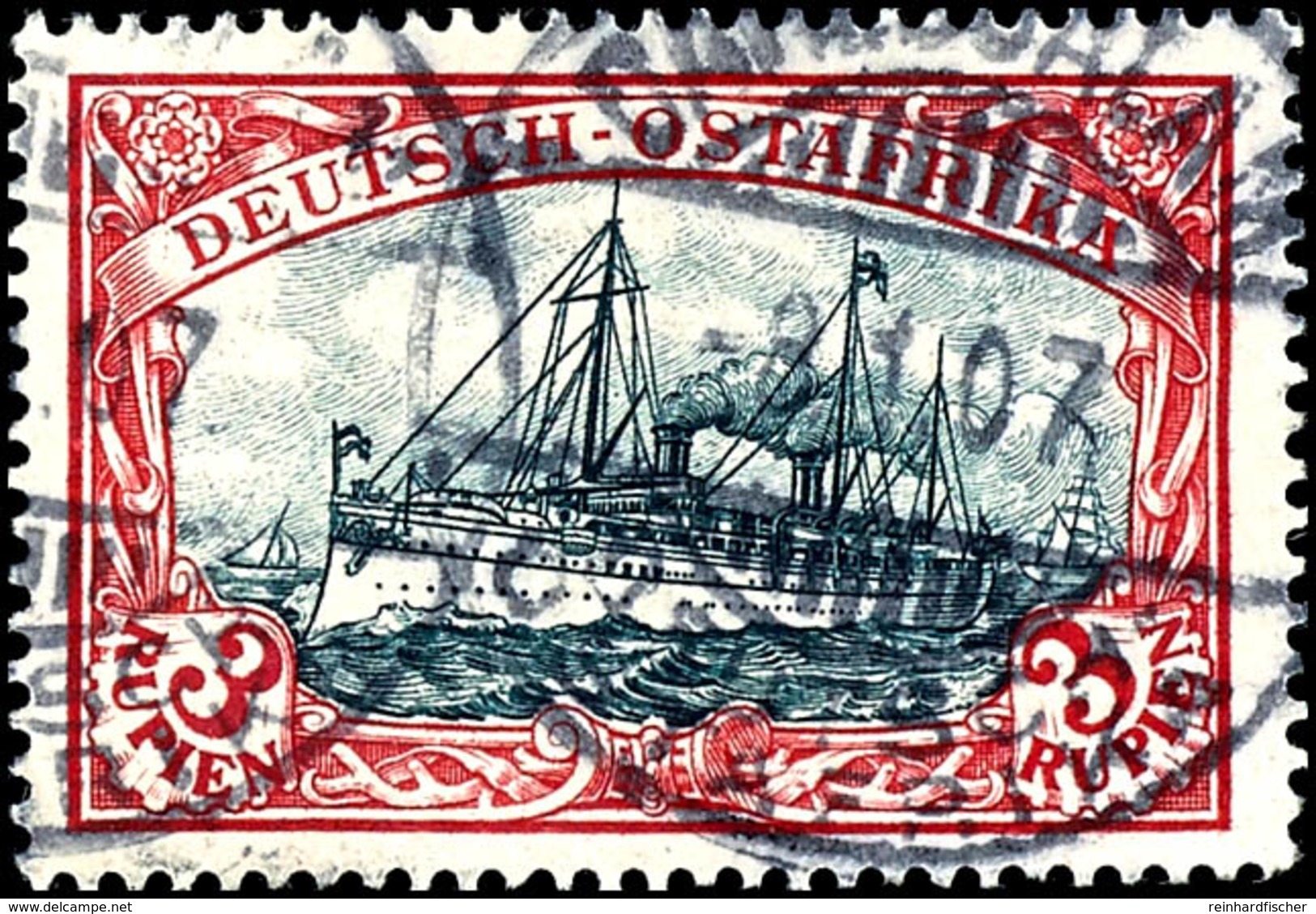 3 Rupien Kaiseryacht, Einwandfrei, Gestempelt "DARESSALAM", Michel 230,-, Katalog: 21b O - German East Africa