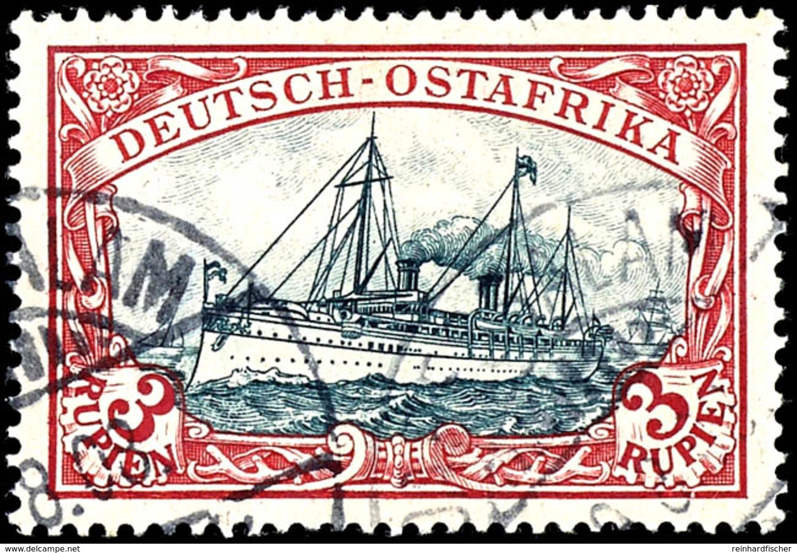 3 Rupien Kaiseryacht, Dunkelrot/grünschwarz, Mittelstück In  Type I, Tadellos Gestempelt "DARESSALAM (..)8.08", Fotoatte - German East Africa