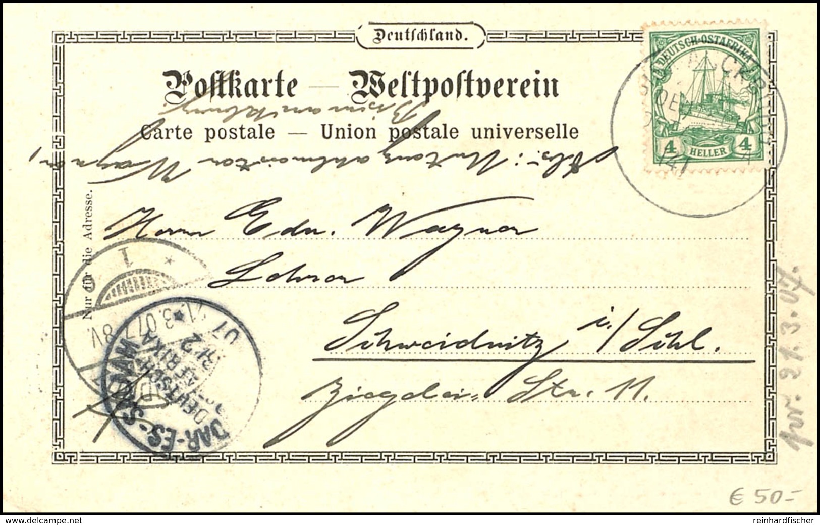 4 Heller Kaiseryacht Auf Ansichtskarte " Veste Kilimatinde", Stempel "BISMARCKBURG", über "DAR-ES-SALAAM"  Nach Schweidn - German East Africa