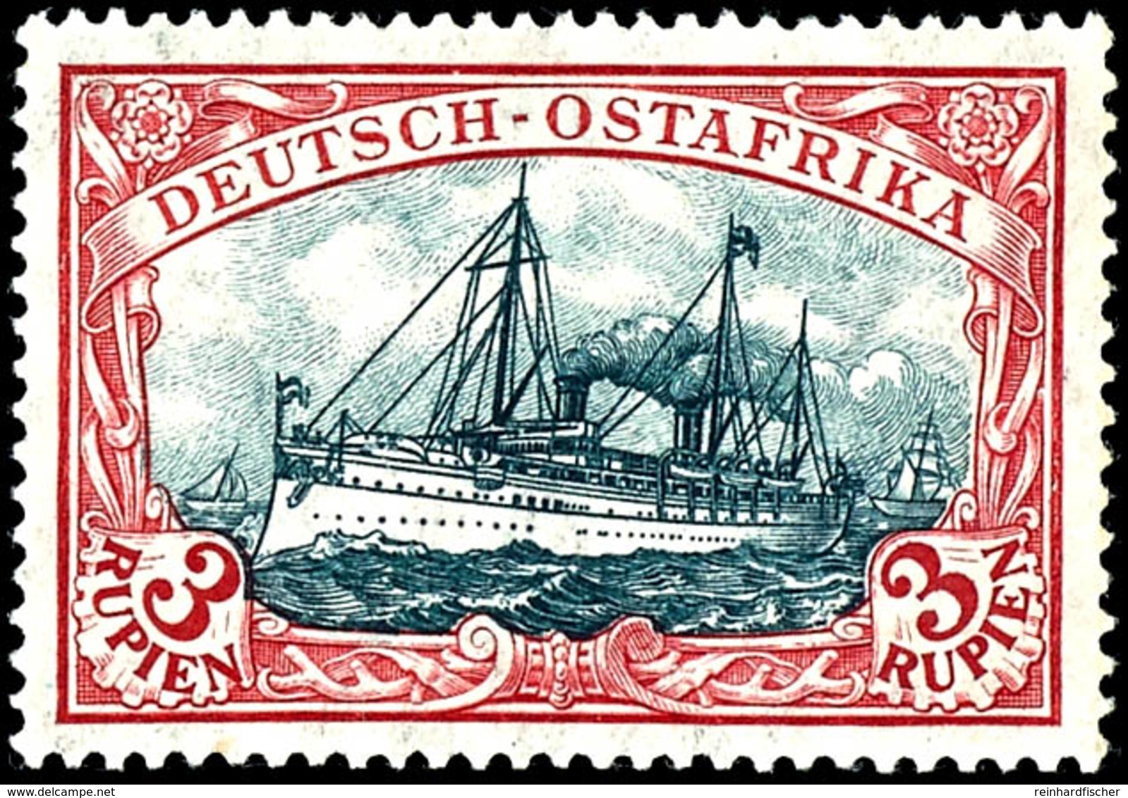 3 Rupien Kaiseryacht, Einwandfrei Ungebraucht, UV: Gelblichrot, Seltene Variante, Geprüft Steuer BPP, Michel 200,-, Kata - Afrique Orientale