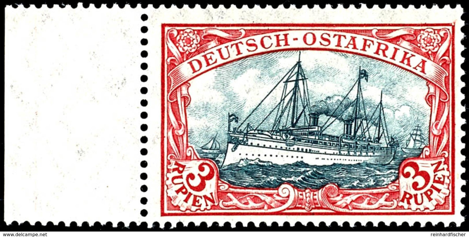 3 Rupien Kaiseryacht Mit Wasserzeichen, Tadellos Postfrisches, Linkes Randstück, Ohne Signatur, Michel 170,-, Katalog: 3 - Africa Orientale Tedesca