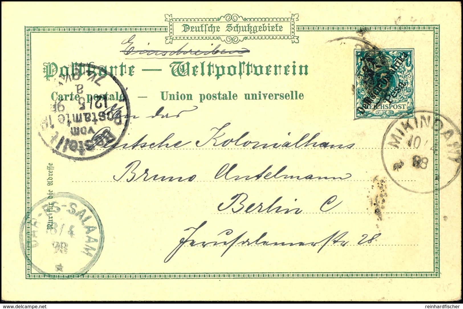 3 P. Auf 5 Pfg Krone/Adler Privat-Ganzsachenkarte "Gruss Aus Bagamoyo"  Von K1 "MIKANDANI 10/4 98" über "DAR-ES-SALAAM"  - German East Africa