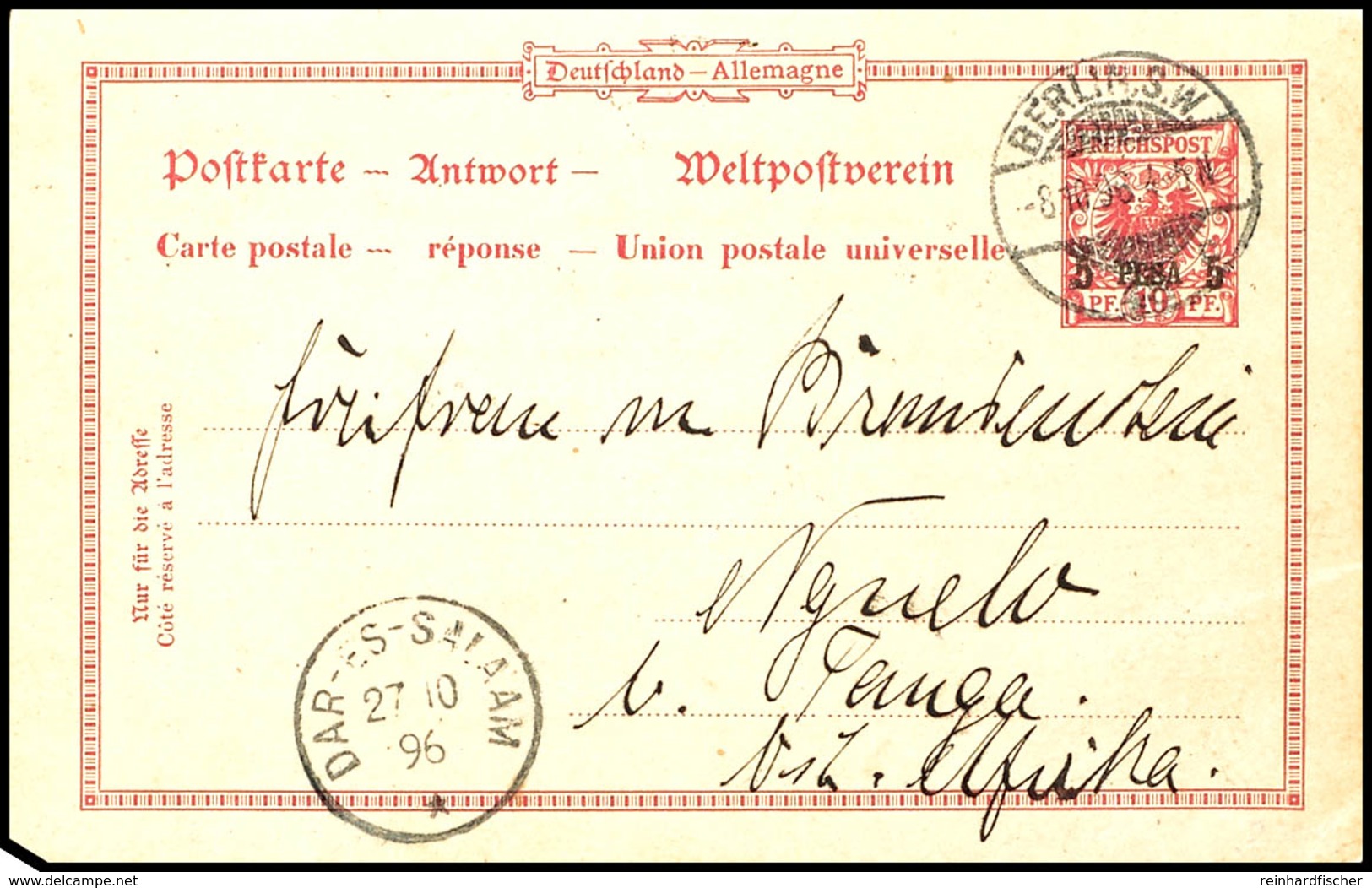 Ganzsachenkarte 5 PESA Auf 10Pfg. Karmin, Antwortteil Gestempelt "BERLIN 8.10.98" Mit Viel Text Nach D.O.A. Mit Transits - Deutsch-Ostafrika