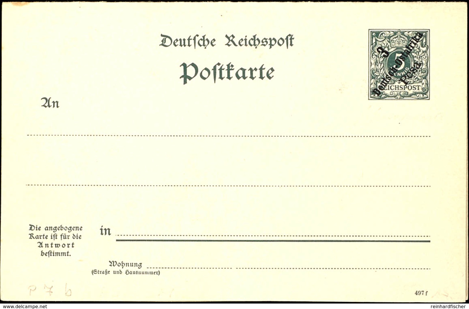 3 Pesa Antwortkarte Schwarzgrün (Deutsches Reich P 31b), Ungebraucht, Selten!, Katalog: P7 * - Deutsch-Ostafrika