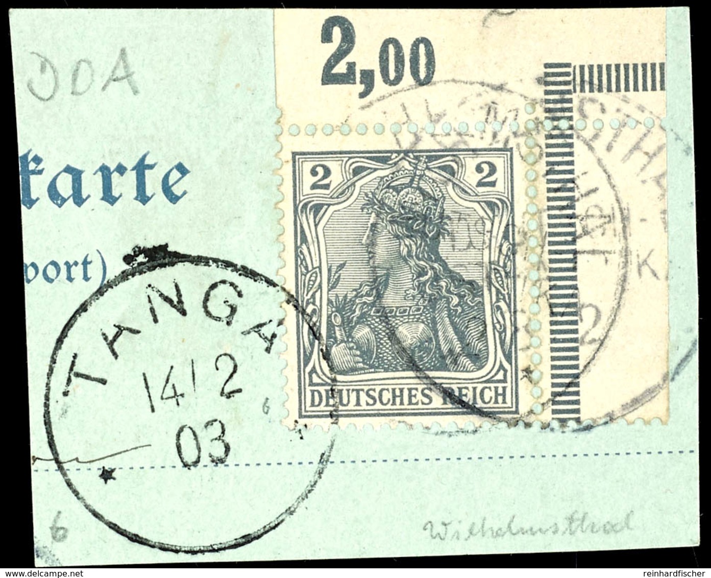 "WILHELMSTHAL DEUTSCH-OST-AFRIKA", Zart Nebst Klarem K1 "TANGA 14/2 03" Auf Tadellosem Postkartenabschnitt Mit Aus Recht - German East Africa