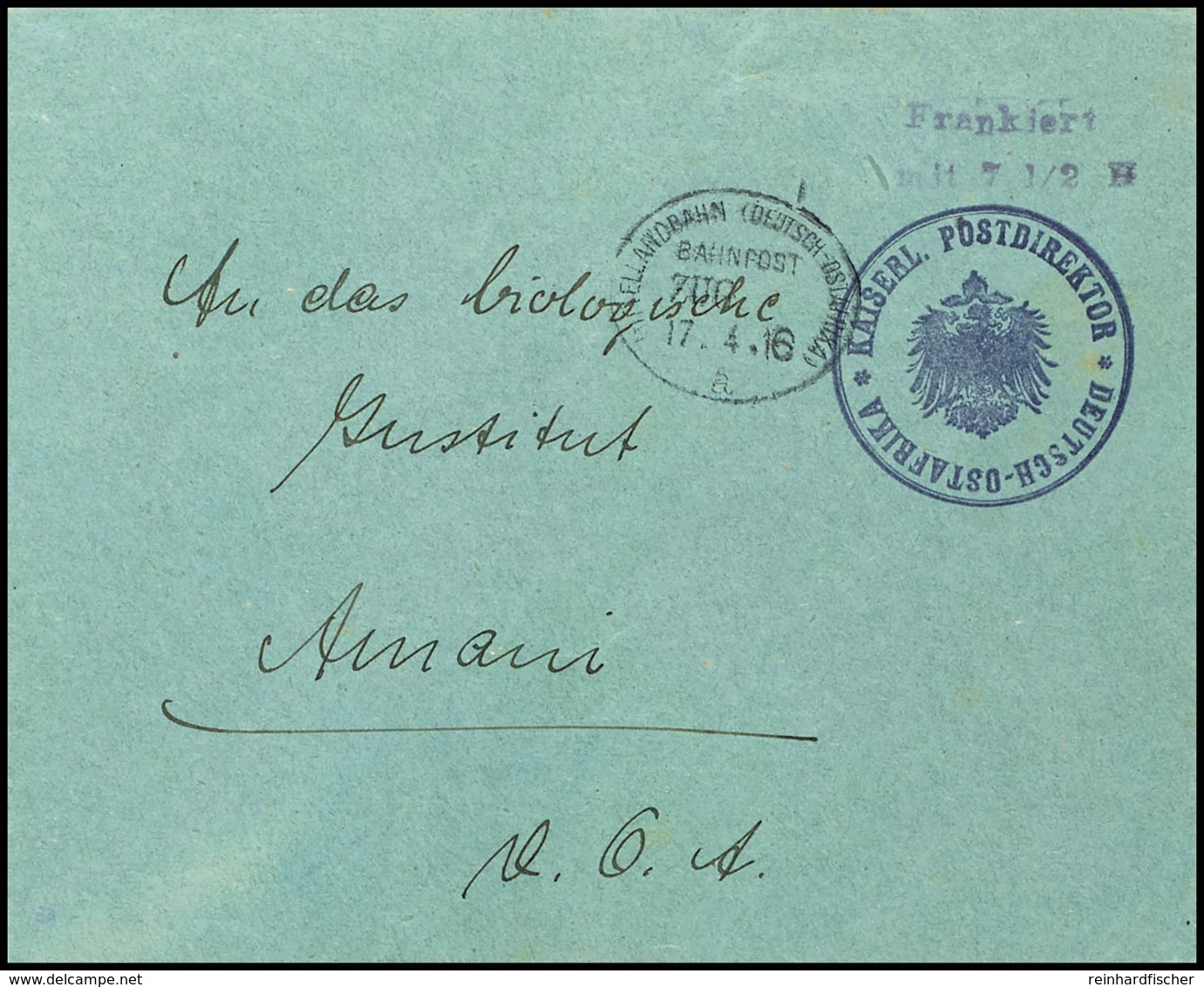 Postdirektor, Frankiert Mit 7 1/2 H, In Violett, Stempel Mittellandbahn, Zug ( Ohne Nummer ), 17.4.16 A, Nach Amani, Ord - Afrique Orientale