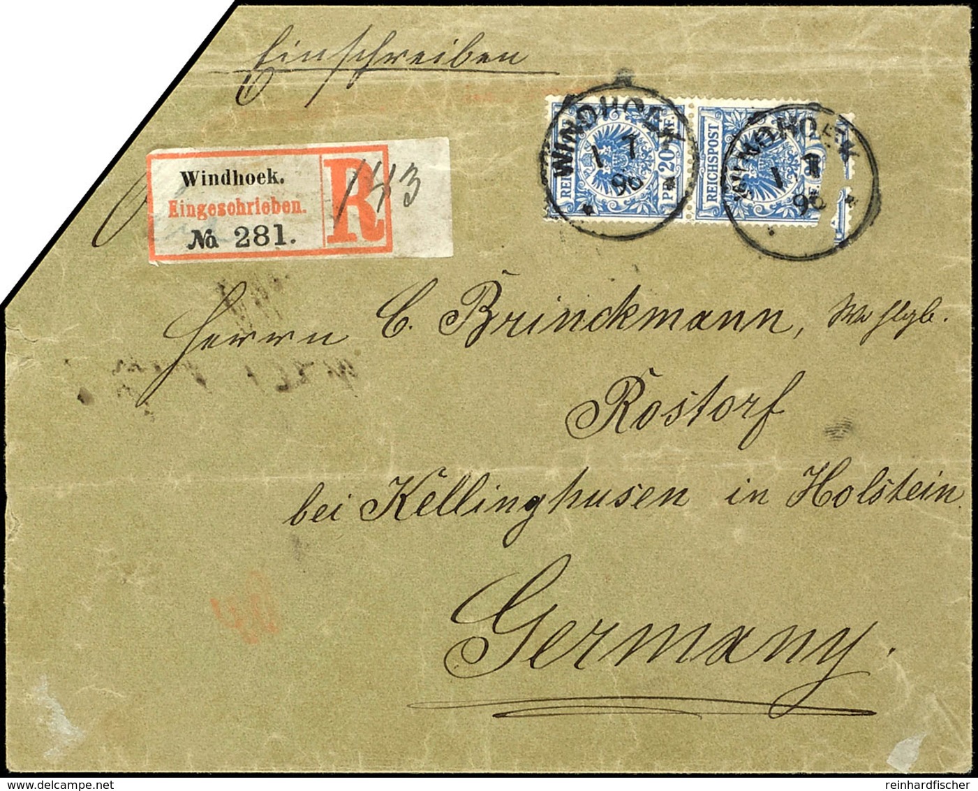 Vorläufer 20 Pfennig Blau, 2 Exemplare Auf  Einschreibebrief, Stempel "WINDHOEK", Beförderungsspuren, Faltung Und Schere - Sud-Ouest Africain Allemand