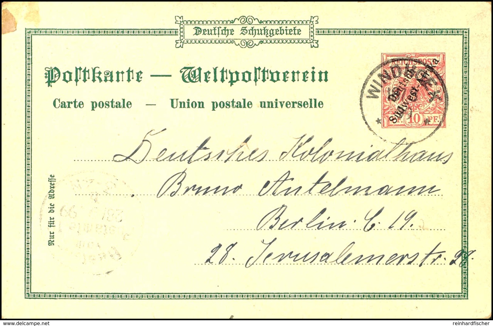 10 Pfg Ganzsachenkarte "GRUSS AUS WINDHOEK", Entwertet "WINDHOEK 16/8 99" Nach Berlin, Beförderungsspuren., Katalog: P B - German South West Africa