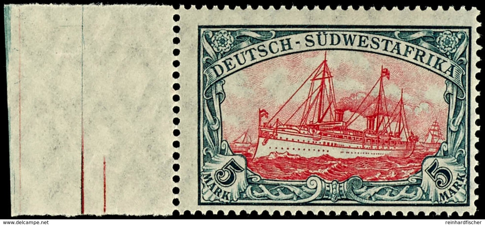 5 Mark Kaiseryacht, Tadellos Ungebrauchtes Linkes Randstück, Fotobefund Steuer BPP, Michel 45,-, Katalog: 32Ab * - Africa Tedesca Del Sud-Ovest