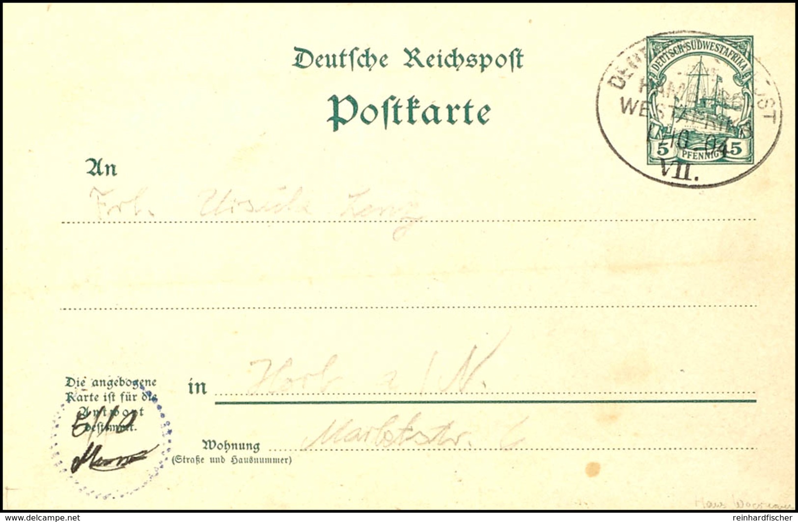 Ganzsache 5 Pfennig Kaiseryacht, Bedarfsgebraucht Mit Seltenem Stempel "DEUTSCHE SEEPOST HAMBURG-WESTAFRIKA VII.", Dampf - German South West Africa