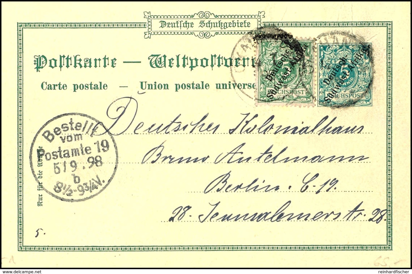 Privatganzsache 5 Pfennig, Bildseite Kommissariat Windhuk, Zusatzfrankatur Michel Nr.6, Gestempelt "OKAHANDJA", Ankunfts - Deutsch-Südwestafrika