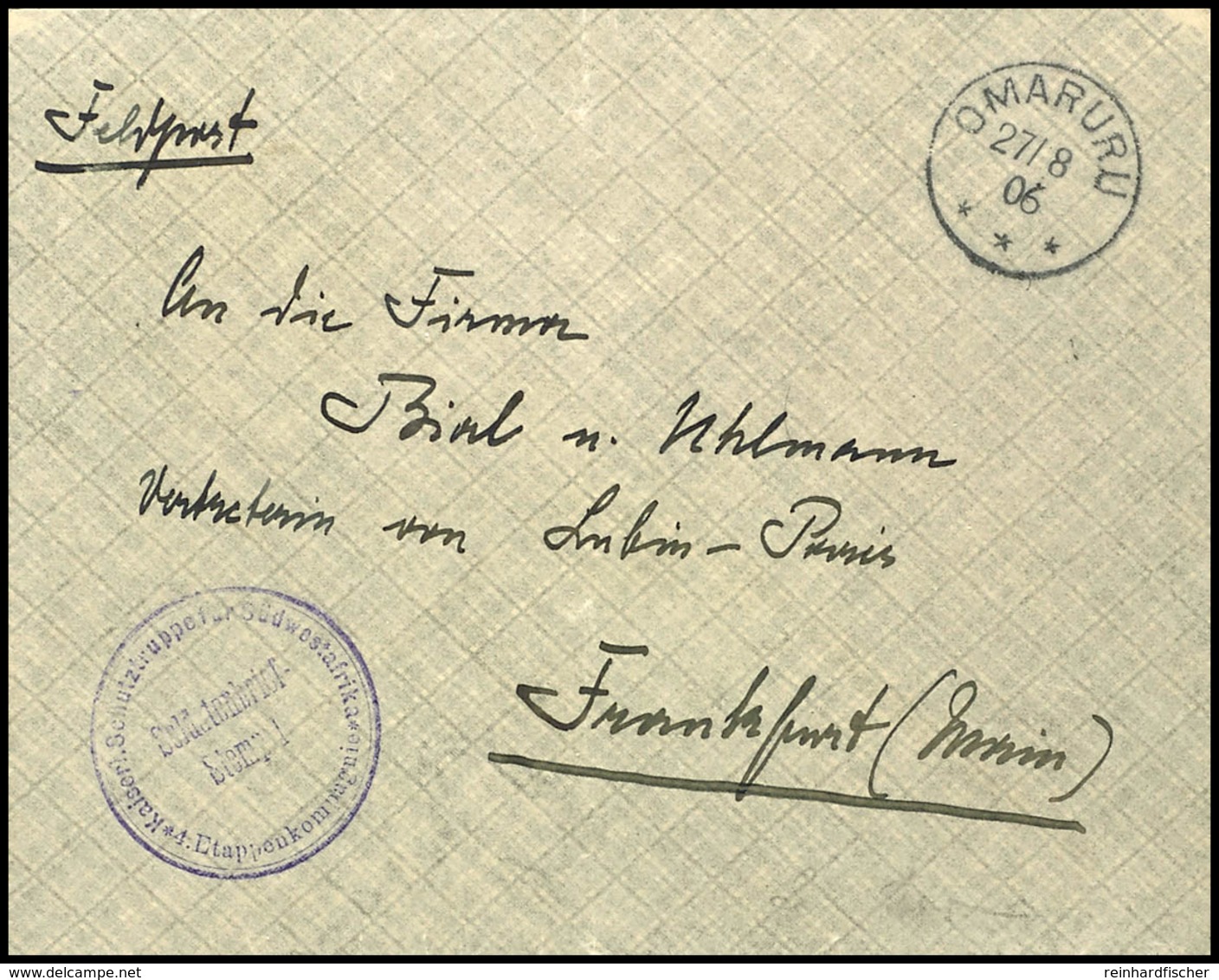 OMARURU 27/8 00 Auf Feldpostbrief Mit SB - Rundstempel ". Etappenkompanie" Nach Frankfurt/Main  BF - Deutsch-Südwestafrika