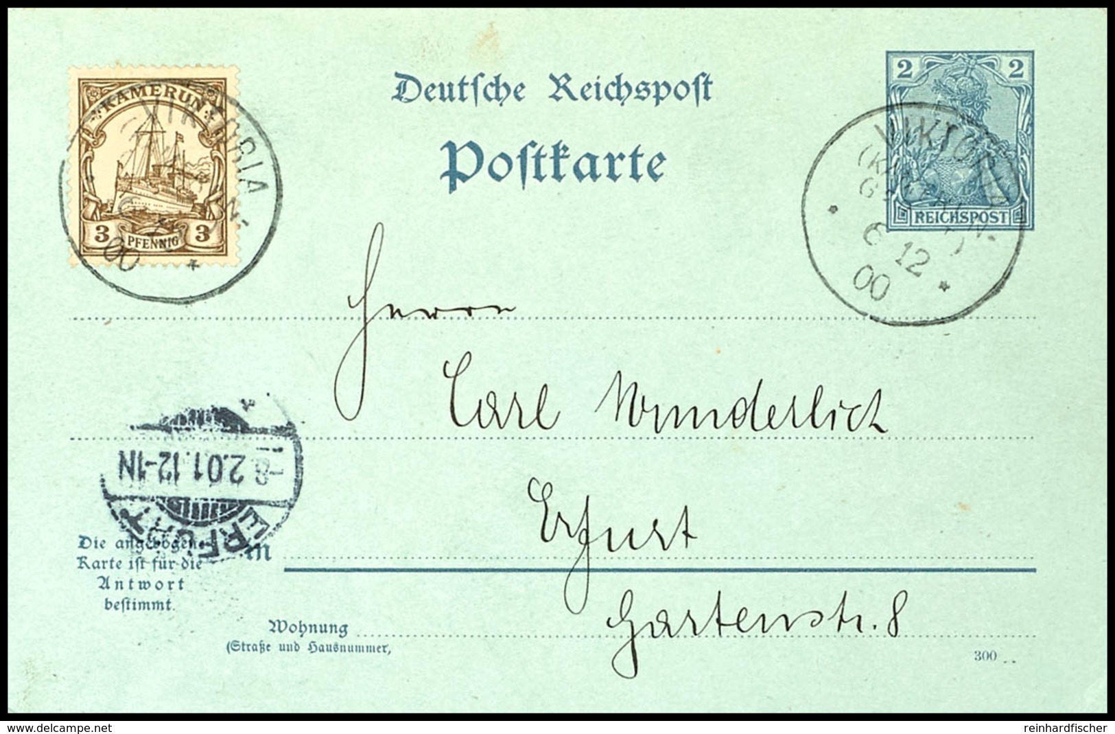 Seltene Mitläufer-Ganzsache P 46b (2 Pfennig Antwortkarte) Mit Zusatzfrankatur Kamerun 3 Pfennig Kaiseryacht, Gestempelt - Cameroun