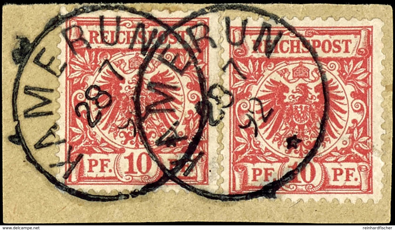 2 Werte 10 Pfennig Krone/Adler Auf Tadellosem Briefstück, 2 Zentrale Stempel "KAMERUN", Geprüft Eibenstein BPP, Michel 1 - Camerun