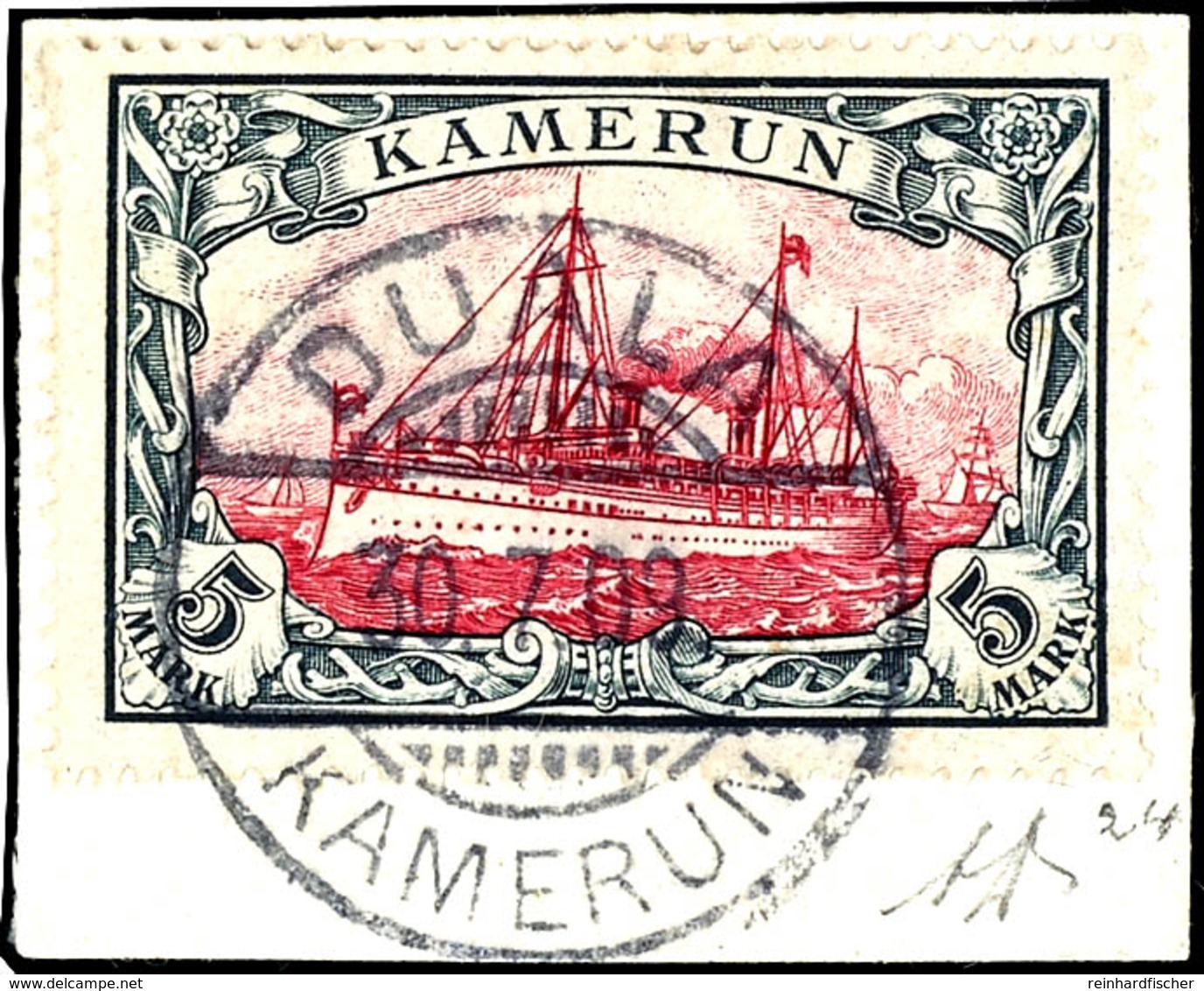 5 Mark Kaiseryacht Tadelloses Briefstück, Stempel "DUALA KAMERUN", Attest Jäschke-Lantelme BPP, Michel 600,-, Katalog: 1 - Camerun
