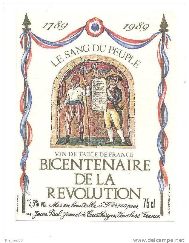 Etiquettes De Vin De Table  -  Bicentenaire De La Révolution "le Sang Du Peuple" - JP. Jamet à Courthézon (84) - 200 Jahre Französische Revolution