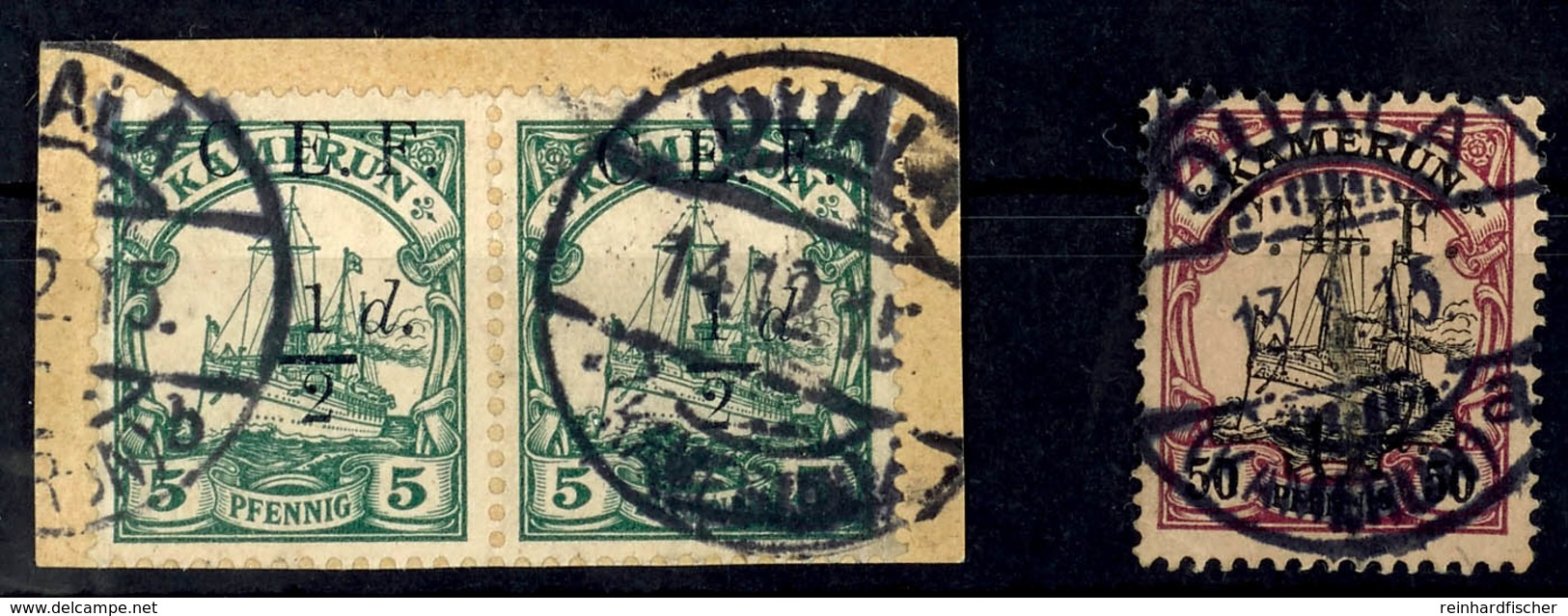 5 Pfennig Kaiseryacht Mit Aufdruck C.E.F. 1/2 D. Im Paar Auf Briefstück Mit Stempel "DUALA B" Und Lose Marke 50 Pfennig  - Kamerun