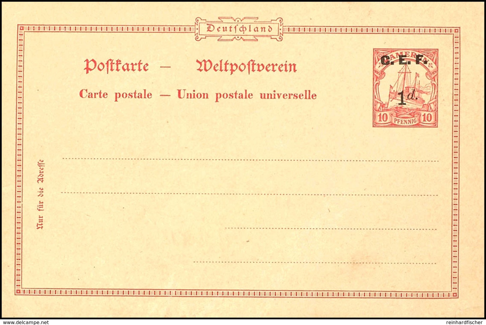 Britische Besetzung, Ganzsache 10 Pfennig Kaiseryacht, Aufdruck C.E.F. 1 D, Ungebraucht, Selten, Michel 100,-, Katalog:  - Cameroun