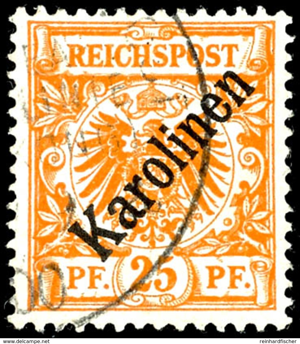 25 Pf Diagonalaufdruck Tadellos Gestempelt "DEUTSCHE SEEPOST NEU-GUINEA-ZWEIGLINIE * A (HONGKONG) .. 9 00", Dopp. Tiefst - Karolinen