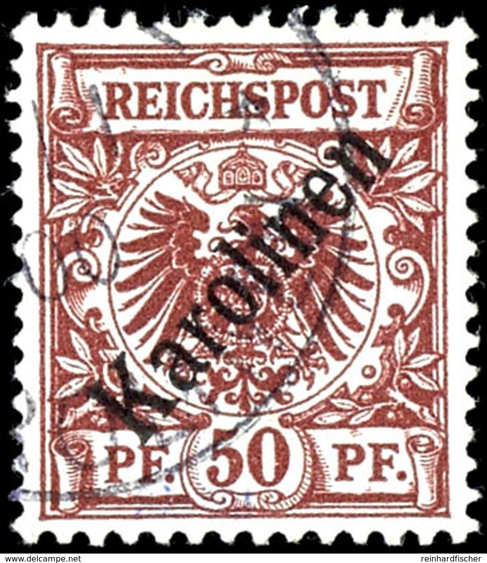 50 Pfennig Krone/Adler Mit Aufdruck "Karolinen" Diagonal, Gestempelt, Fotoattest Jäschke-Lantelme, Laut Attest Winzige S - Carolines