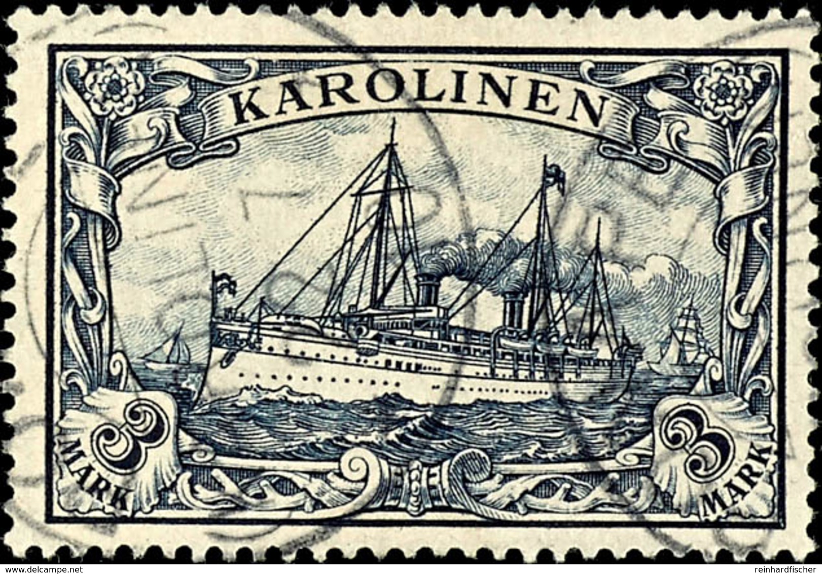 3 Mark Kaiseryacht, Tadellos, Gestempelt "PONAPE", Geprüft Pfenninger, Michel 170,-, Katalog: 18 O - Karolinen