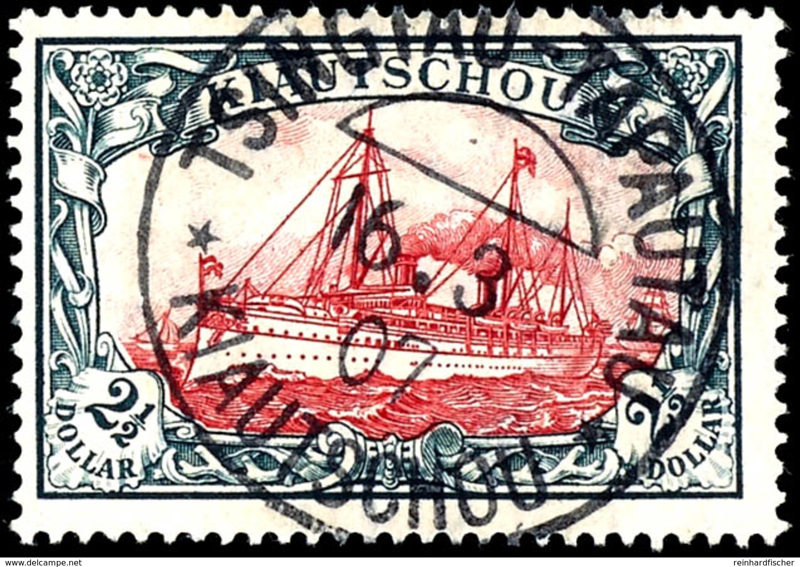 2 1/2 Dollar Kaiseryacht Mit Wasserzeichen, Tadellose Erhaltung, Zentral Gestempelt "TSINGTAU-TAPAUTAU", Geprüft Bothe B - Kiauchau