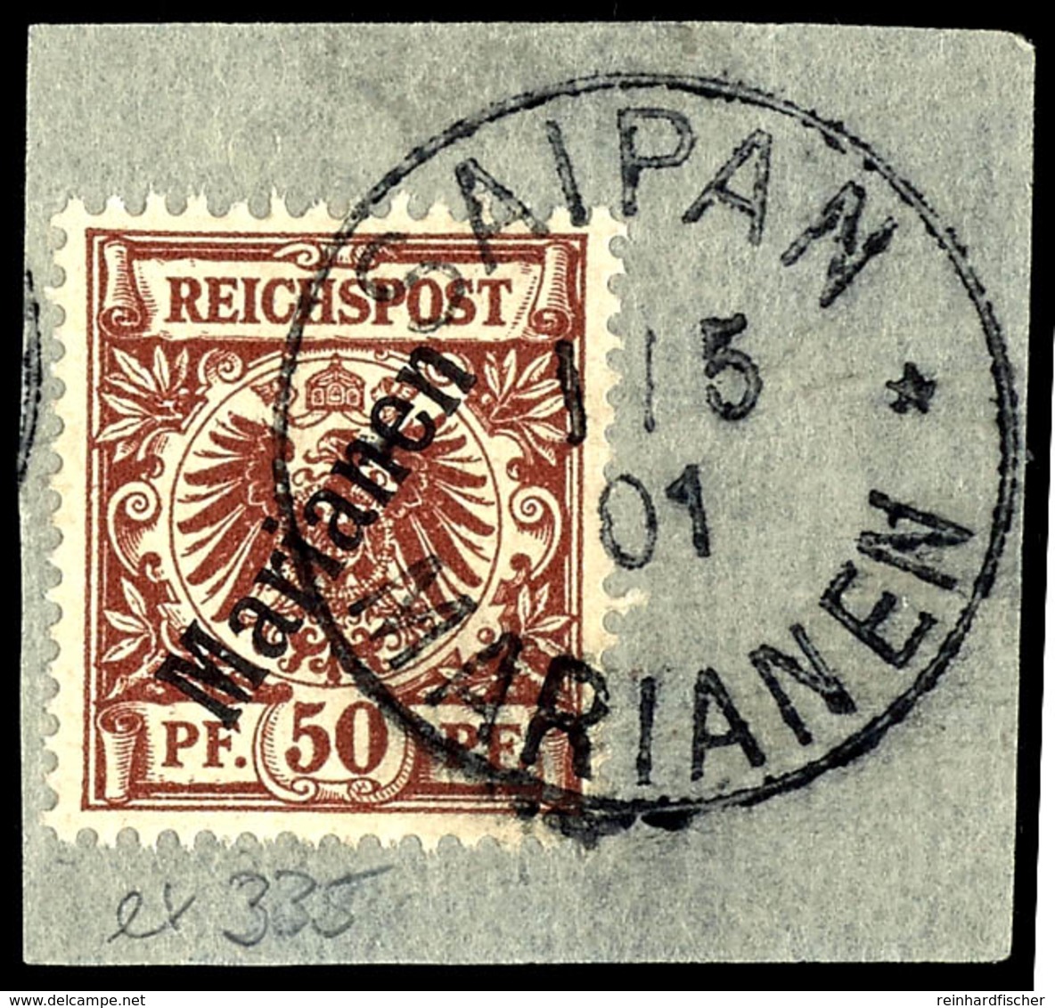 50 Pfg Krone/Adler Mit Steilem Aufdruck "Marianen, Klar Entwertet "SAIPAN MARIANEN * * 1 / 5 01" Auf Briefstück, Gepr. D - Isole Marianne