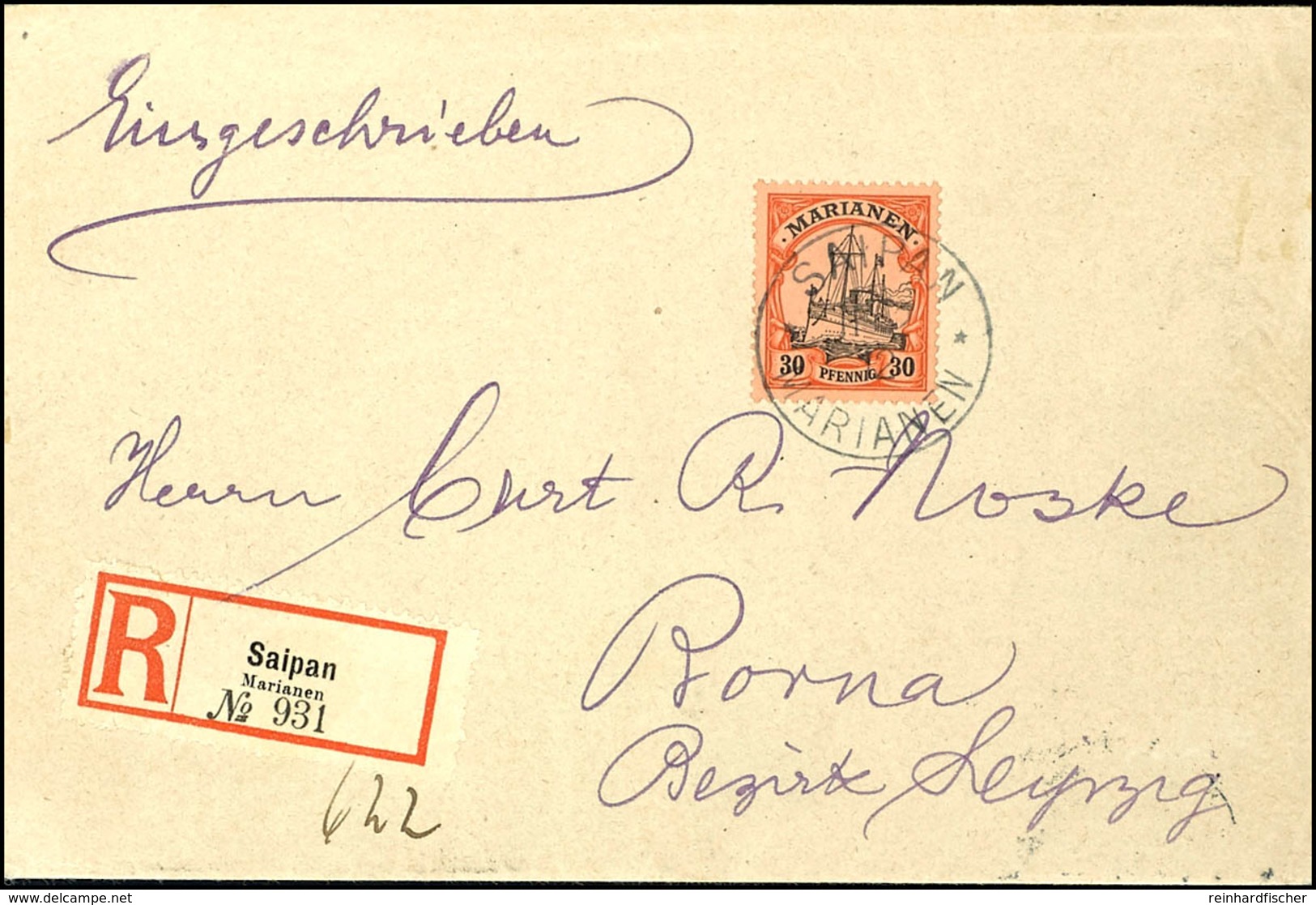 30 Pfg Kaiseryacht, Einzelfrankatur Auf R-Brief Von "SAPAN 11 / 2 12" Nach Borna Mit Rücks. Ank.-Stempel "BORNA 24.3.12" - Marianen