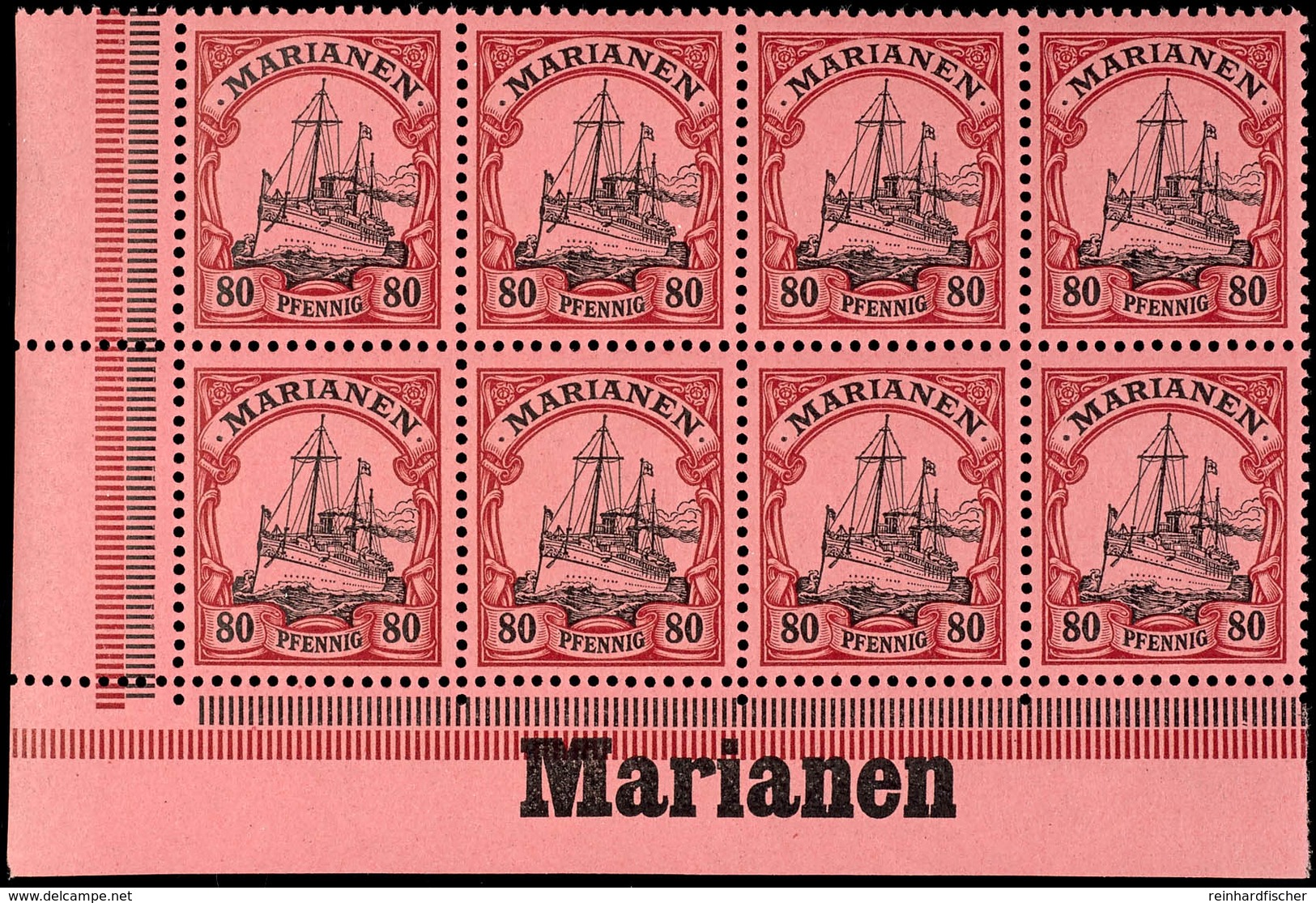 80 Pfg. Kaiseryacht, Waagerechter 8 Er - Block Aus Der Linken Unteren Bogenecke, Unterrand Mit Inschrift "Marianen", Pos - Mariana Islands